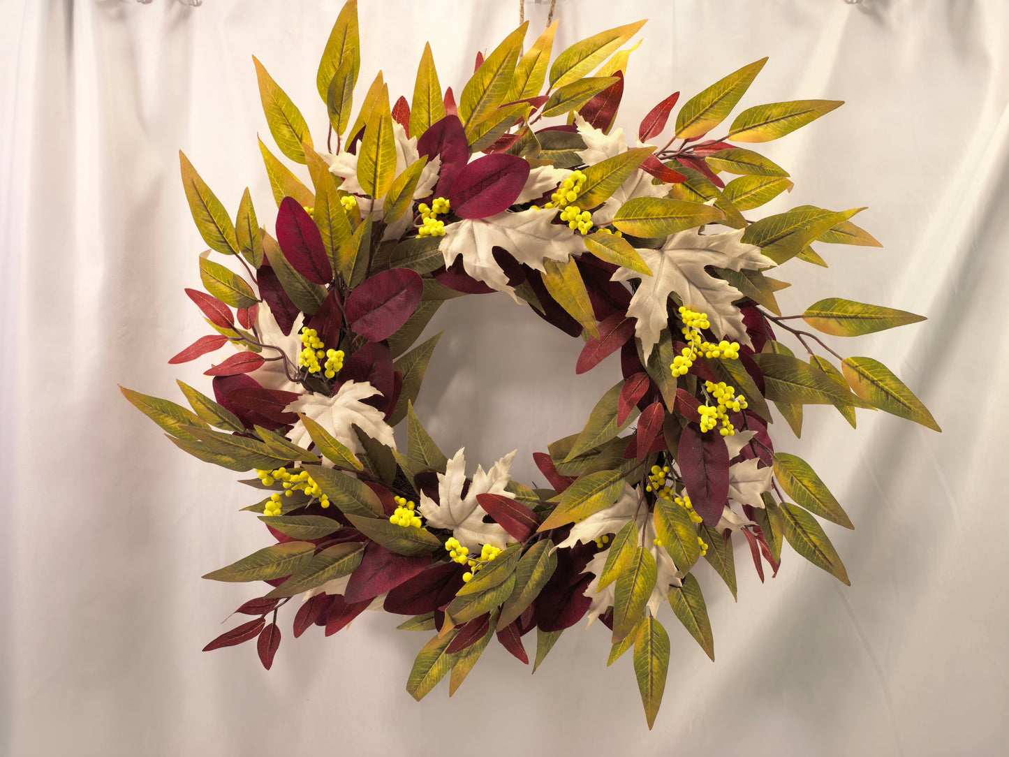 GE26-003 Burgundy Eucalyptus & Cream Oak Leaf Wreath with Yellow Berries