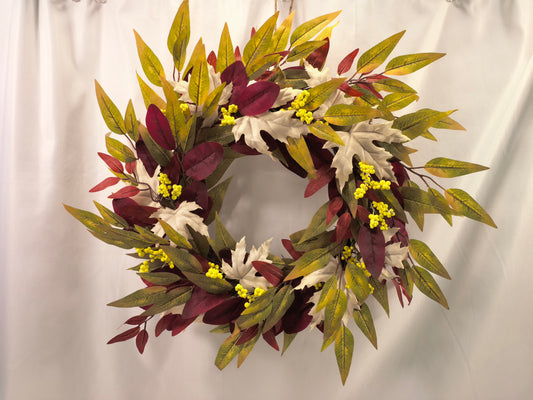 GE26-003 Burgundy Eucalyptus & Cream Oak Leaf Wreath with Yellow Berries