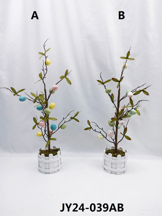 Easter Egg Tree in White Fence Pot - Spring Tabletop Decor