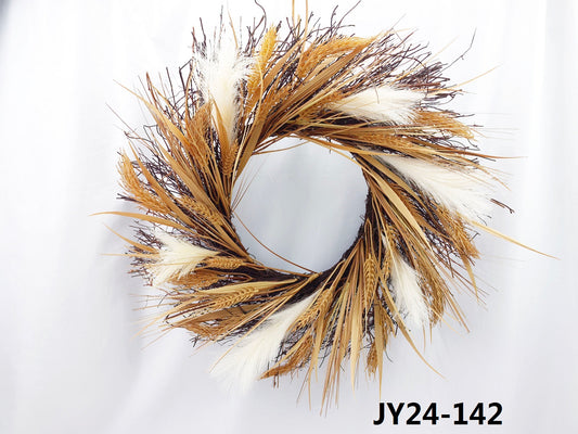 JY24-142 Natural Wheat & Feather Fall Wreath