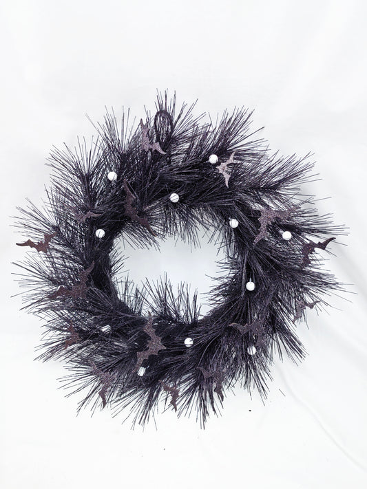 JY24-240 Black Pine Wreath with Bats & White Berries