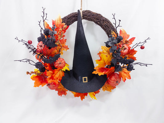 JY25-033 Witch Hat & Fall Leaves Grapevine Wreath
