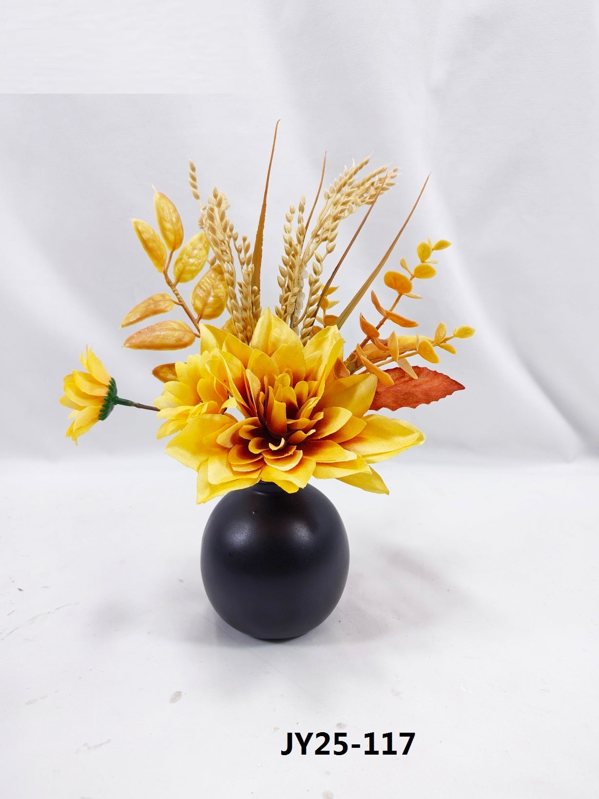 JY25-117 Autumn Yellow Dahlia & Wheat Arrangement in Black Vase