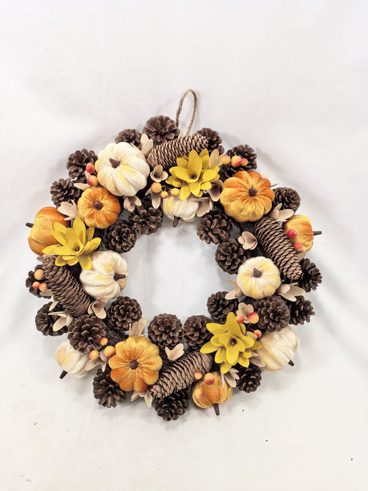 JY25-252 Rustic Pinecone, Velvet Pumpkin & Yellow Flower Wreath