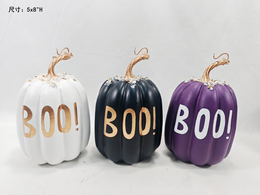 JY25-3 Glittered "BOO!" Pumpkin Figurines