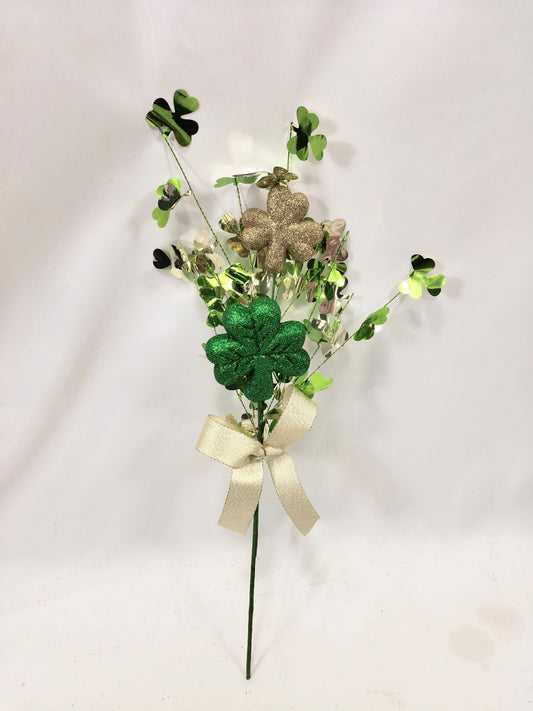 Shamrock Bow Spray - St. Patrick's Day Glitter Pick with Ribbon