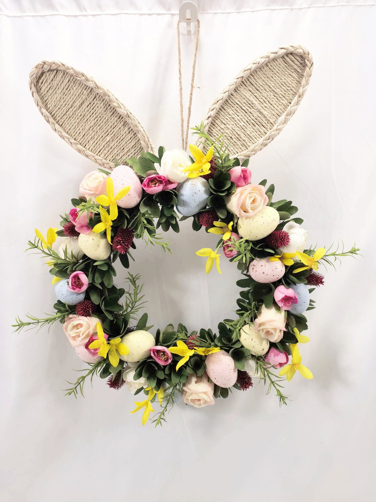 Bunny Ear Floral Wreath with Easter Eggs