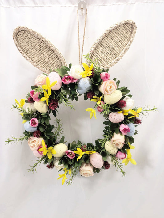 Bunny Ear Floral Wreath with Easter Eggs