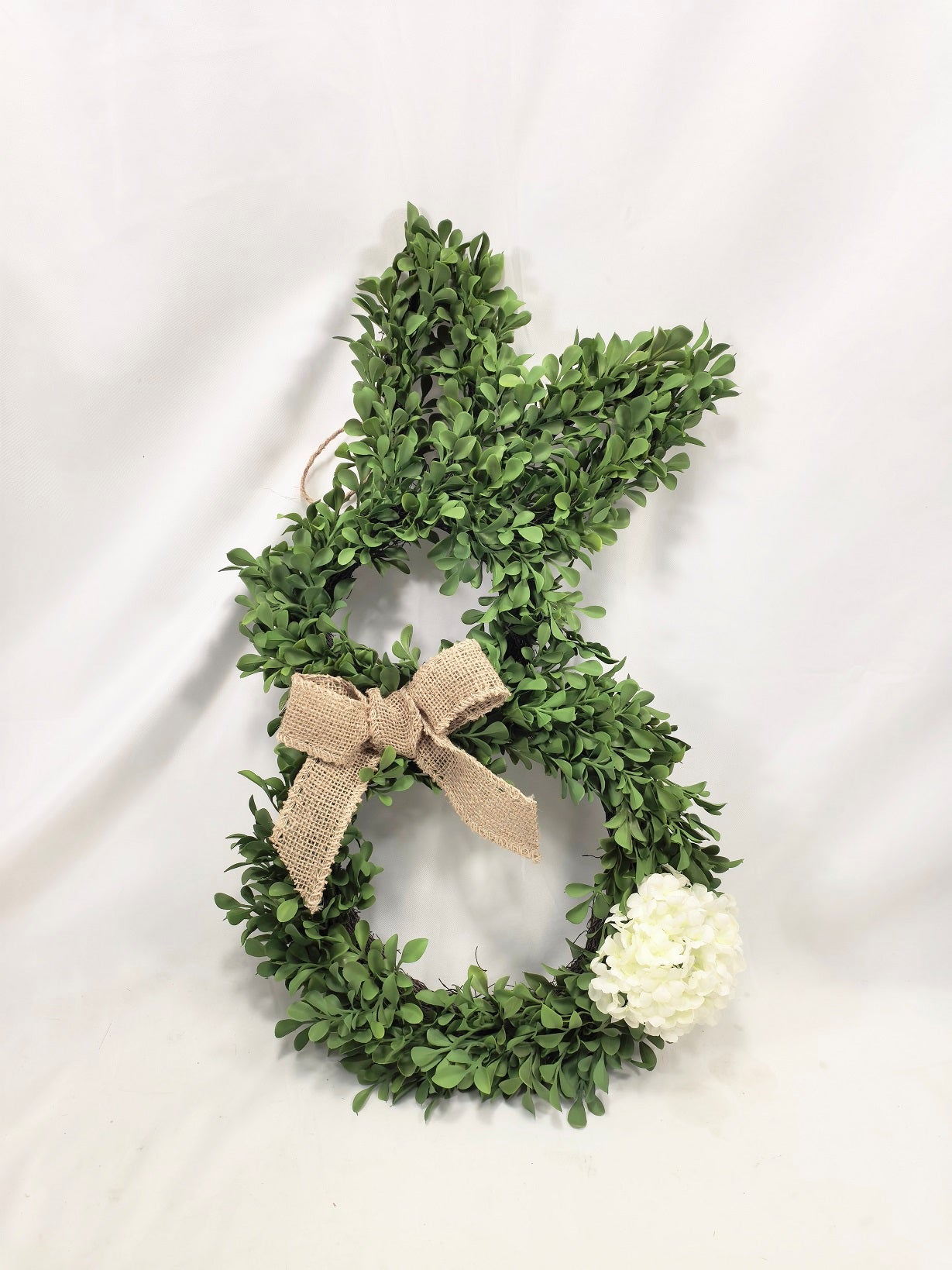 Hanging Bunny Wreath with Burlap Bow & Floral Accent