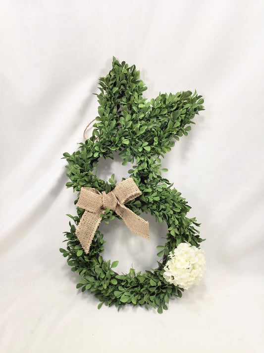 Hanging Bunny Wreath with Burlap Bow & Floral Accent