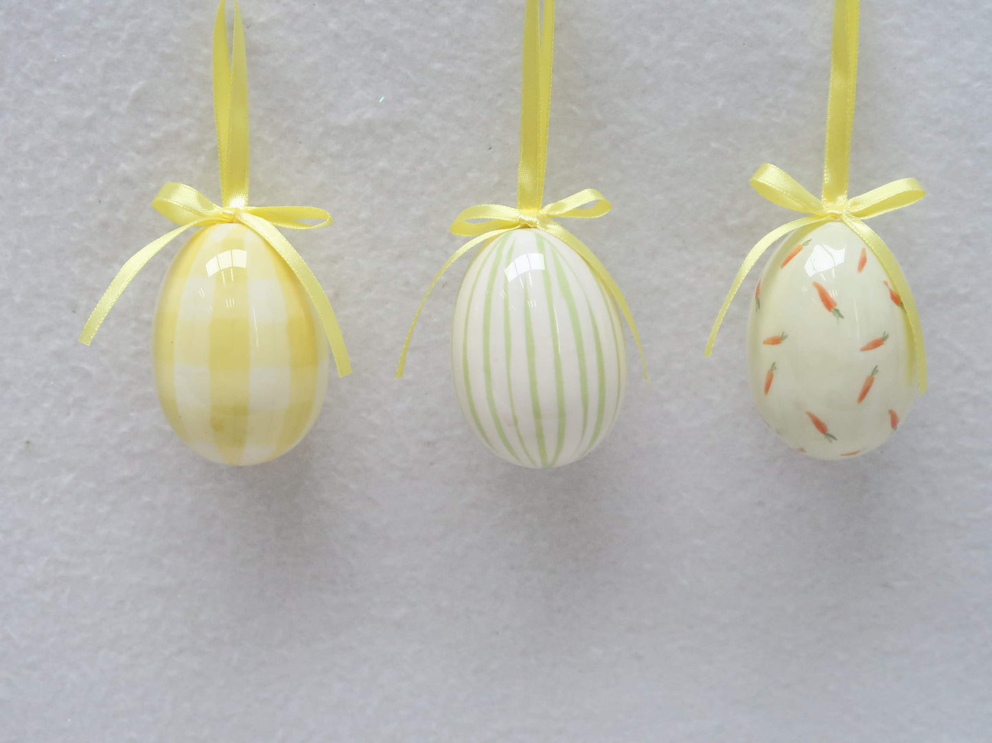 Easter Egg Hanging Ornament Set of 3 - Yellow Gingham Stripe Carrot Pattern
