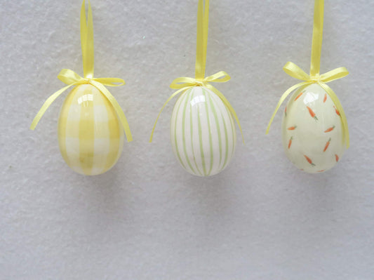 Easter Egg Hanging Ornament Set of 3 - Yellow Gingham Stripe Carrot Pattern
