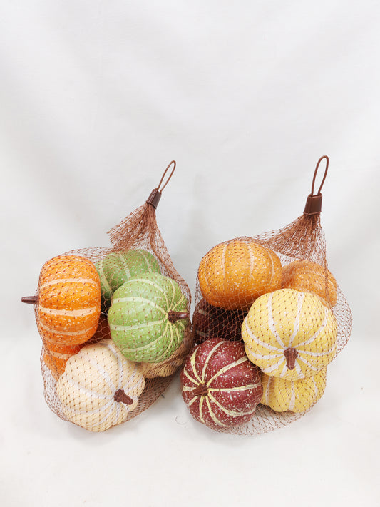 JY25-YX0051 Assorted Mini Artificial Pumpkins in Brown Mesh Bag (Multi-Style Options)